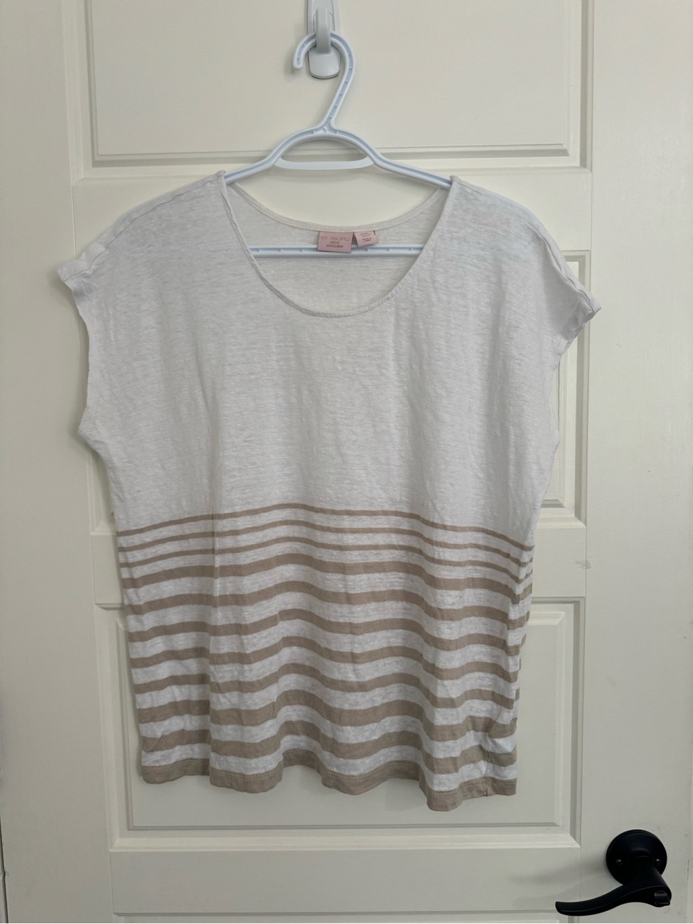 St. Tropez 100% linen White Tee with Beige Stripes